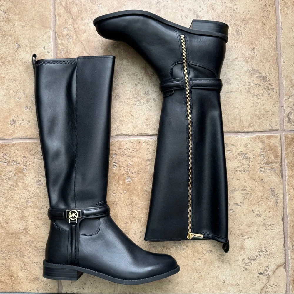 NIB Michael Kors Mindy Leather Equestrian Style Bombe Tall Black Boot Size 7